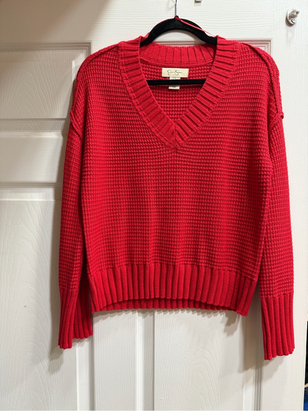 Jessica Simpson Bright Red V-Neck Waffle Knit Sweater